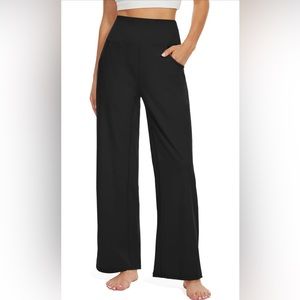 NWT UEU Smocked Lightweight Solid Black High Waisted Wide Leg Yoga Lounge Pants
